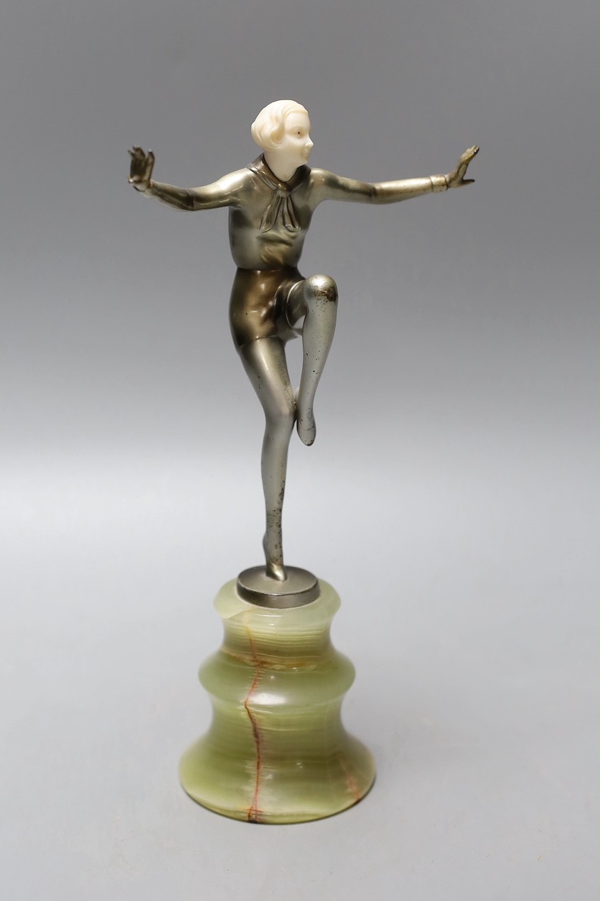 Josef Lorenzl (1892-1950) - Cold painted bronze and ivory figure of a female dancer, raised on an onyx stand, signed 